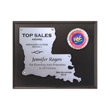 LA Trophies - Louisiana State Shaped Silver Cut-Out 8x10 Plaque on black board for Recognition and Service 