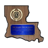 LA Trophies - Louisiana State Shape Plaque Blue / Gold half Plate with Fancy Emblem Holder
