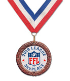 fantasy football league ranking placing medals medallions champion 1st 2nd 3rd first second third place red white blue ribbon neck