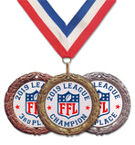 fantasy football league ranking placing medals medallions champion 1st 2nd 3rd first second third place red white blue ribbon neck