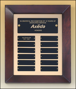Airflyte Cherry finish frame Perpetual Plaque with 12 Black Brass plates on brushed metal gold background