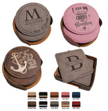 Leatherette Laser Engraved 6-Coaster Sets Round and Square | 10 COLORS