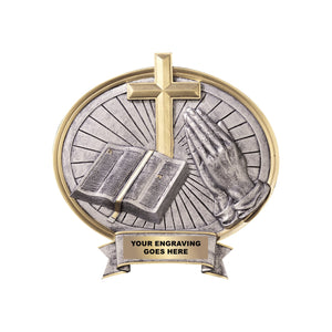 LA Trophies - Religious Christian Oval Resin Award Plate with Praying Hands 6 or 8 inch hangs or stands