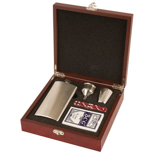 rosewood finish flask set gift box custom customize personalized personalization gamble gambler deck of cards funnel shot glass dice stainless steel wedding gift ideas retirement boss employer corporate business businessmen businessman man men guy dad father groom groomsmen