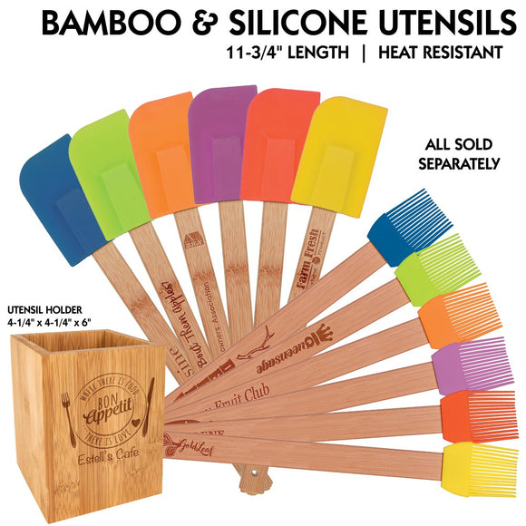 Customizable All Natural Bamboo Silicone Utensils and Utensil Holder | 13 OPTIONS