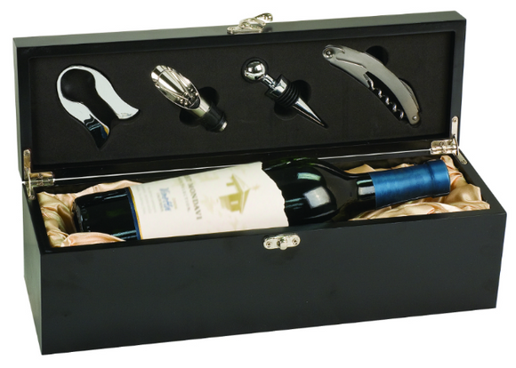 single wine presentation box with wine tools included personalize engrave engraved engraving red lining corporate gift boss employer business elegant gift idea present classy