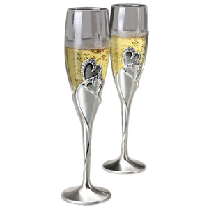 Two Hearts Collection - Flute Glass Set Two-Tone Silver Finish Stems