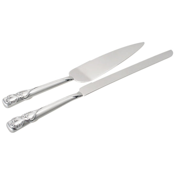 Two Hearts Collection - Cake Knife & Server Set Two-Tone Silver Finish