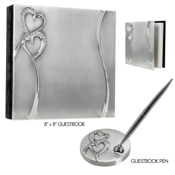 Two Hearts Collection - Wedding Guestbook and Pen Stand Two-Tone Silver Finish