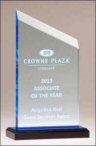 Airflyte Zenith Series acrylic award. Clear upright with blue accents, black acrylic base with blue mirror top | 3 SIZES