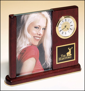 Airflyte Rosewood stained piano finish desk clock with glass picture frame