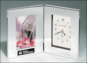 Airflyte Combination clock and photo frame in polished silver aluminum