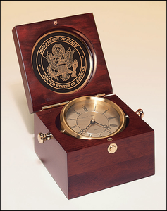 Airflyte Captain's Clock with solid brass clock housing in a hand rubbed mahogany-finish case