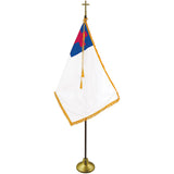 CHRISTIAN DELUXE SET WITH OAK POLE (3' x 5' Flag - 8ft. Pole) - Deluxe sets include fully sewn, gold fringed nylon flag with appliqued cross, gold cord & tassel, 2-piece pole with brass screw joint, brass plated metal Passion Cross and gold anodized Endura Floor Stand. 9' tall overall assembled