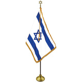 ISRAEL (ZION) DELUXE SET WITH OAK POLE (3' x 5' Flag - 8ft. Pole) - Deluxe sets include gold fringed nylon flag, gold cord & tassel, 2-piece pole with brass screw joint, brass plated metal Star of David and gold anodized Endura™ Floor Stand. 9' tall overall assembled