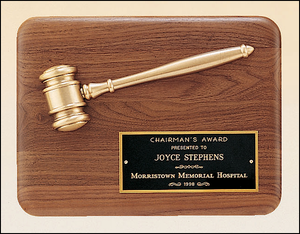 Airflyte 9x12 American walnut plaque with an antique bronze gavel casting