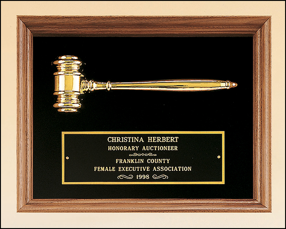 Airflyte 15x18 American walnut frame with a gold electroplated metal gavel on Black or Maroon Velour | 2 COLORS