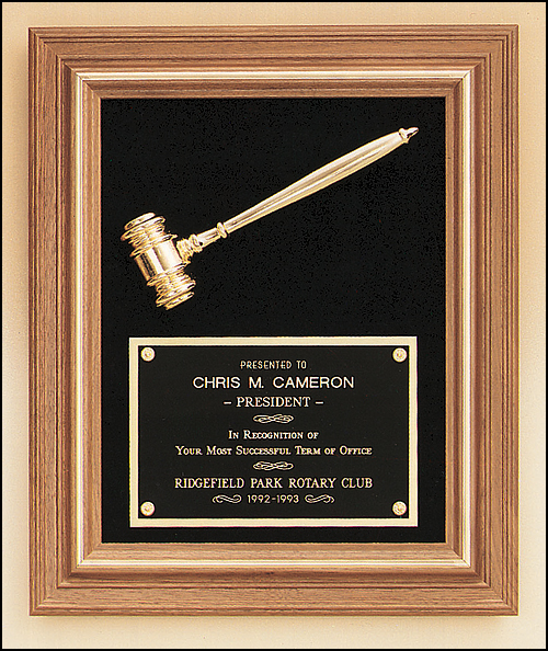 Airflyte 15x18 American walnut frame with a gold electroplated metal gavel on Black or Maroon Velour background | 2 COLORS