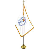 UNITED CHURCH OF CHRIST SET WITH OAK POLE (3' x 5' Flag - 8ft. Pole) - Deluxe sets include gold fringed nylon flag, gold cord & tassel, 2-piece pole with brass screw joint, brass plated metal Passion Cross and gold anodized Endura™ Floor Stand. 9' tall overall assembled