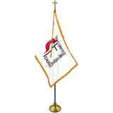 UNITED METHODIST DELUXE SET WITH OAK POLE (3' x 5' Flag - 8ft. Pole) - Deluxe sets include gold fringed nylon flag, gold cord & tassel, 2-piece pole with brass screw joint, brass plated metal Passion Cross and gold anodized Endura™ Floor Stand. 9' tall overall assembled
