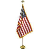 DELUXE U.S. AMERICAN FLAG SET (3' x 5' Flag - 8ft. Oak Pole) - Set includes a brass plated metal eagle ornament, a gold cord & tassel, a 2-piece pole with brass screw joint and a gold anodized Endura floor stand. Also include a U.S. Nylon Flag with embroidered stars and sewn stripes, pole hem, leather tabs and gold fringe. 9' tall overall assembled